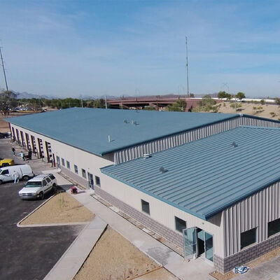 Sloped Roof Prefabricated Steel Building Featuring Concrete Foundation and Floor Deck Concrete Engineered for Space Utilization
